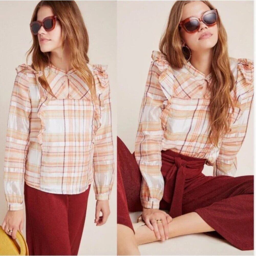 Anthropologie Current Air Polly Organza Plaid Ruffle Yoke Blouse